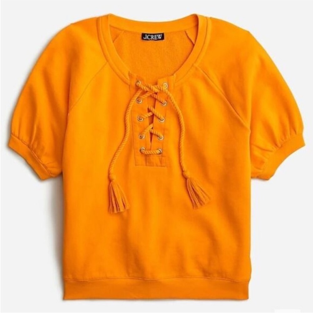 J. Crew University Terry Short Sleeve Lace Up Sweatshirt in Apricot Orange